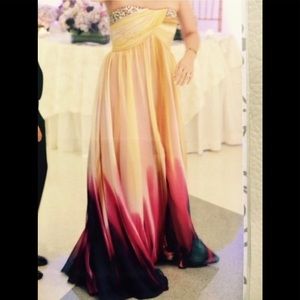 Embellished strapless tie dyed gown with ruching